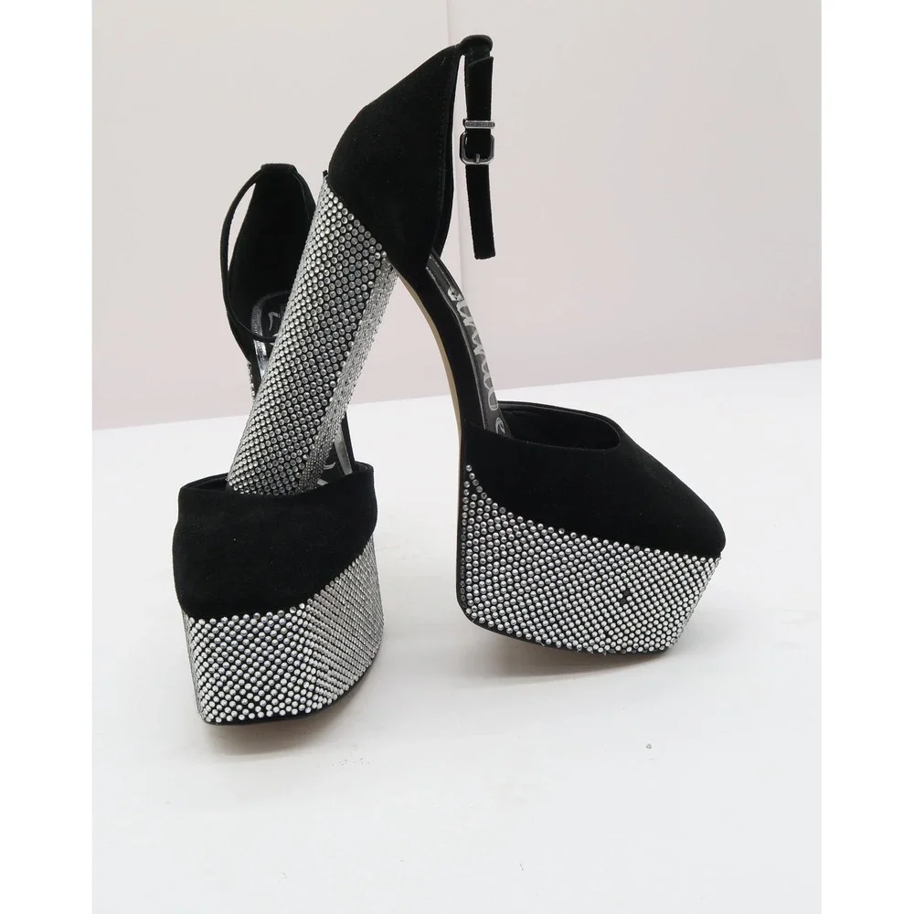 Gianni Bini Rhinestone Platform Heels Black Suede Block Heel Ankle Strap Pumps 8